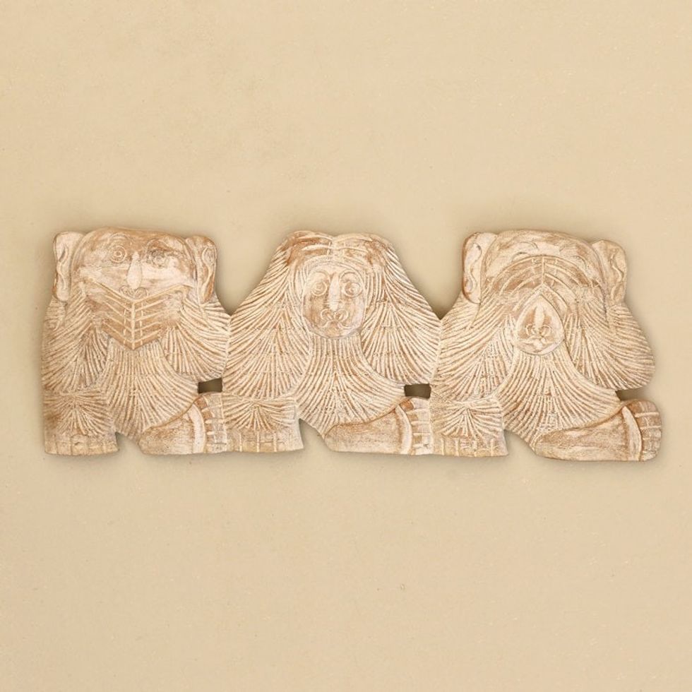 Whitewashed Wood Monkey Relief Panel from Bali 'Three Wise Monkeys'