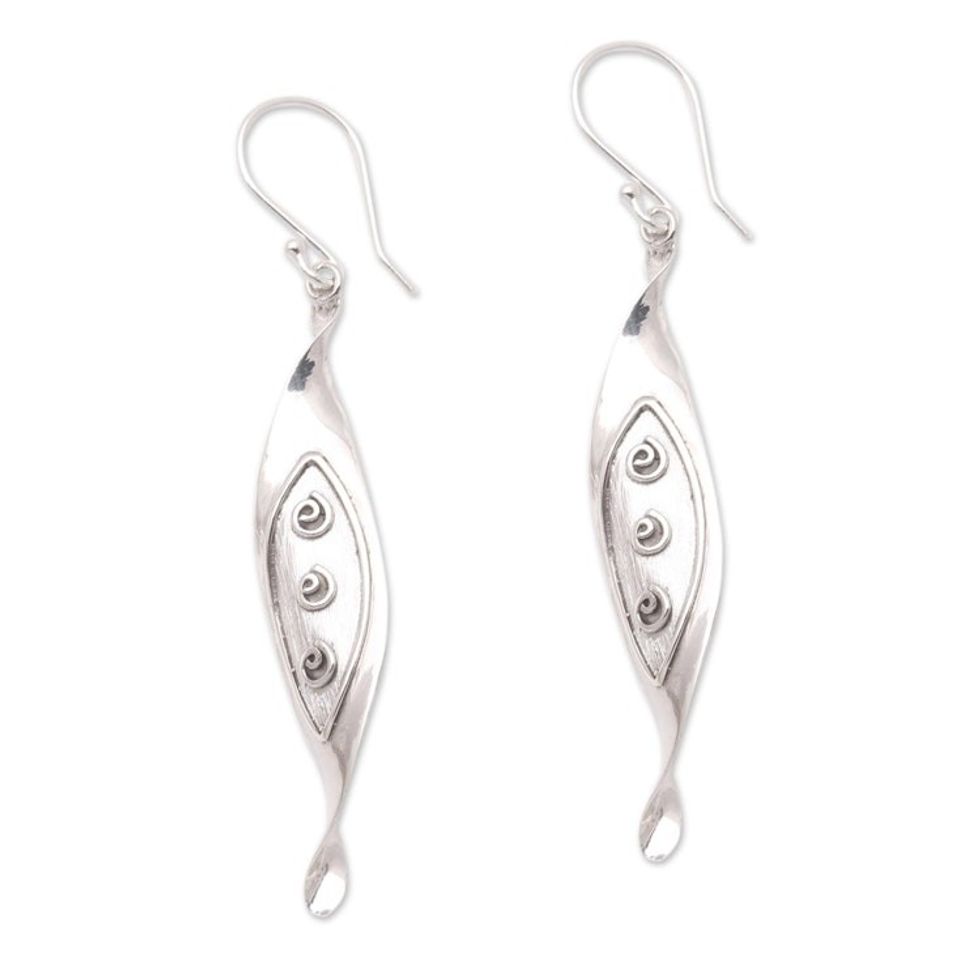Swirl Pattern Sterling Silver Dangle Earrings from Bali 'Leafy Shapes'