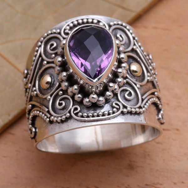 Alternate image for Ornate Balinese Silver and Amethyst Ring with Gold Accents Checkerboard Teardrop