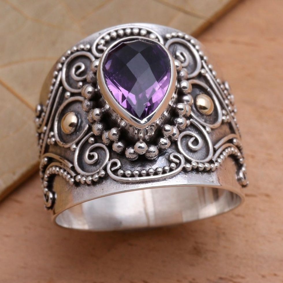 Ornate Balinese Silver and Amethyst Ring with Gold Accents 'Checkerboard Teardrop'