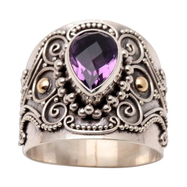 Alternate image for Ornate Balinese Silver and Amethyst Ring with Gold Accents Checkerboard Teardrop
