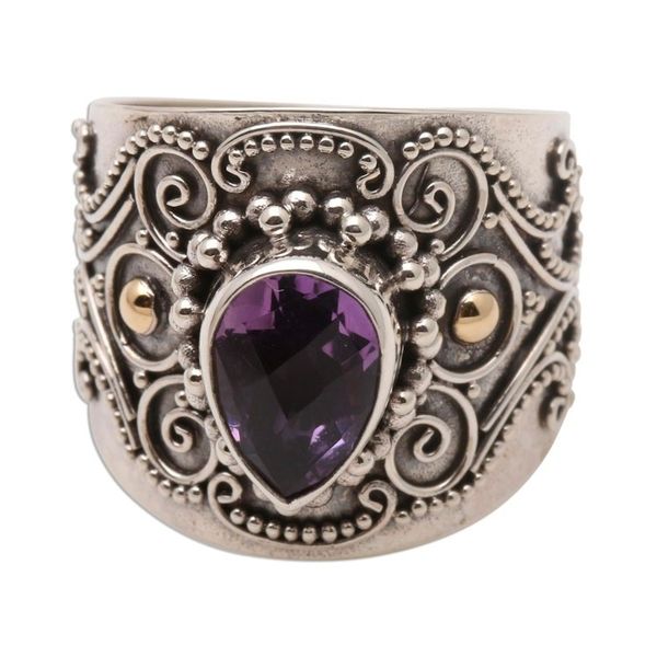 Alternate image for Ornate Balinese Silver and Amethyst Ring with Gold Accents Checkerboard Teardrop