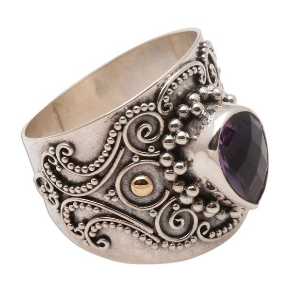 Alternate image for Ornate Balinese Silver and Amethyst Ring with Gold Accents Checkerboard Teardrop