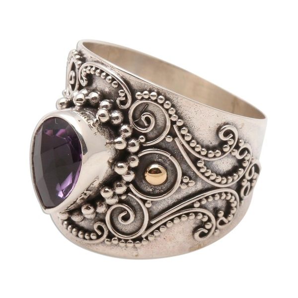 Alternate image for Ornate Balinese Silver and Amethyst Ring with Gold Accents Checkerboard Teardrop