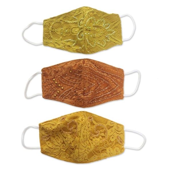 Alternate image for 3 Beaded Lace Contoured 2-Layer Rayon Face Masks Island Glamour
