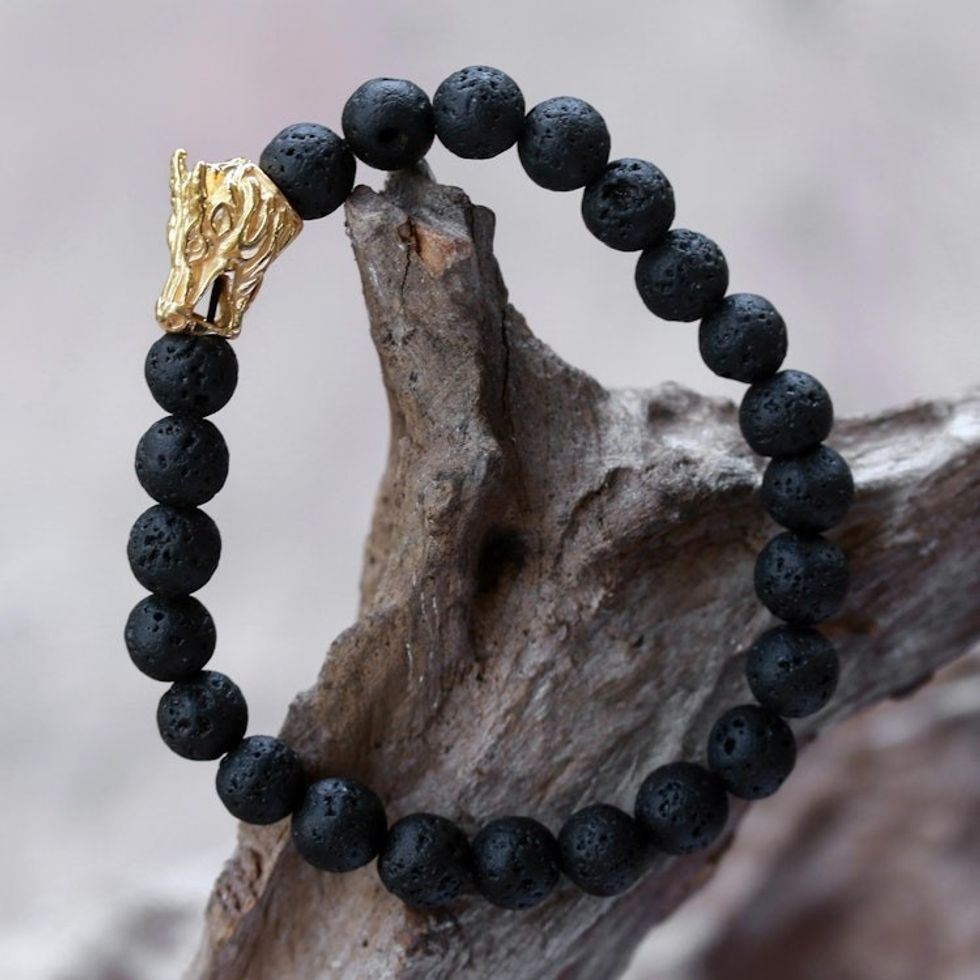 Lava Stone Dragon Beaded Stretch Bracelet with Gold Accent 'Calm Dragon'