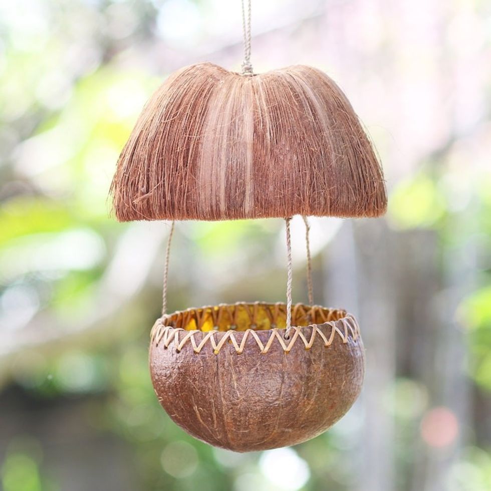 Handcrafted Coconut Shell Bird Feeder 'Forest Hut'