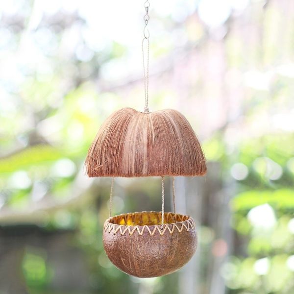 Alternate image for Handcrafted Coconut Shell Bird Feeder Forest Hut