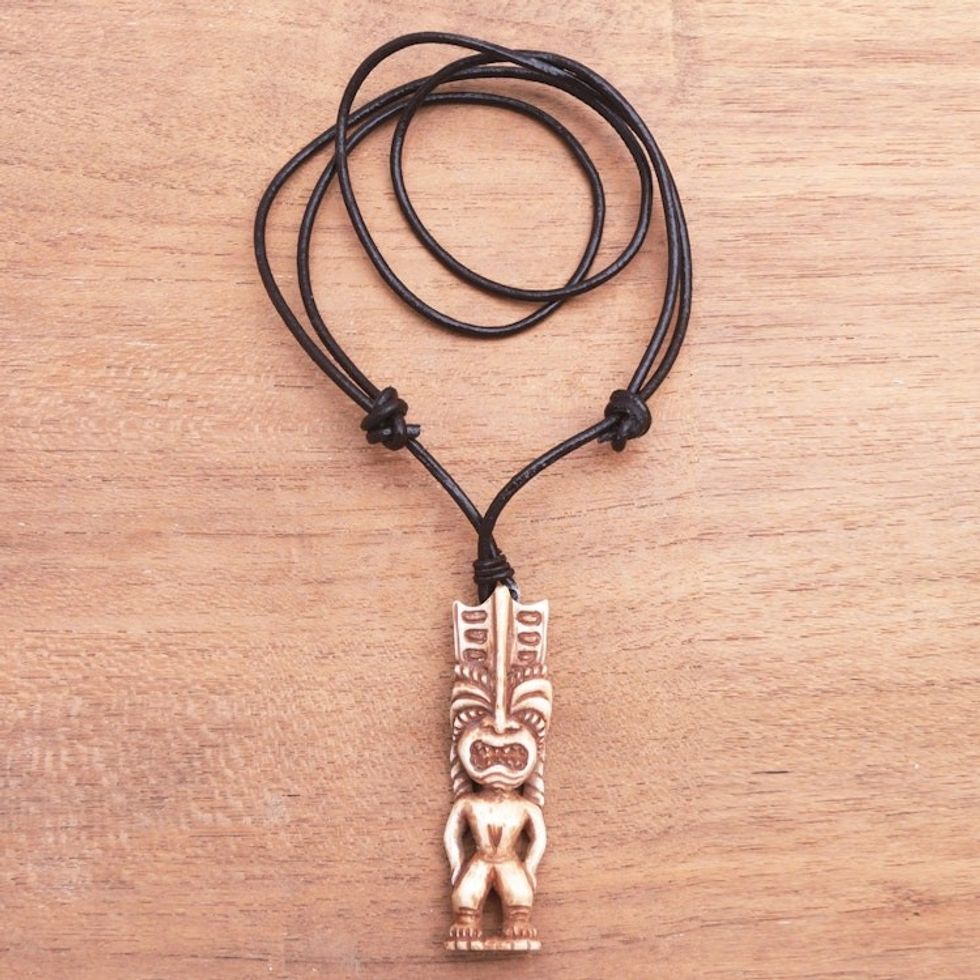 Hand-Carved Polynesian Bone Pendant Necklace from Bali 'Polynesian Figure'