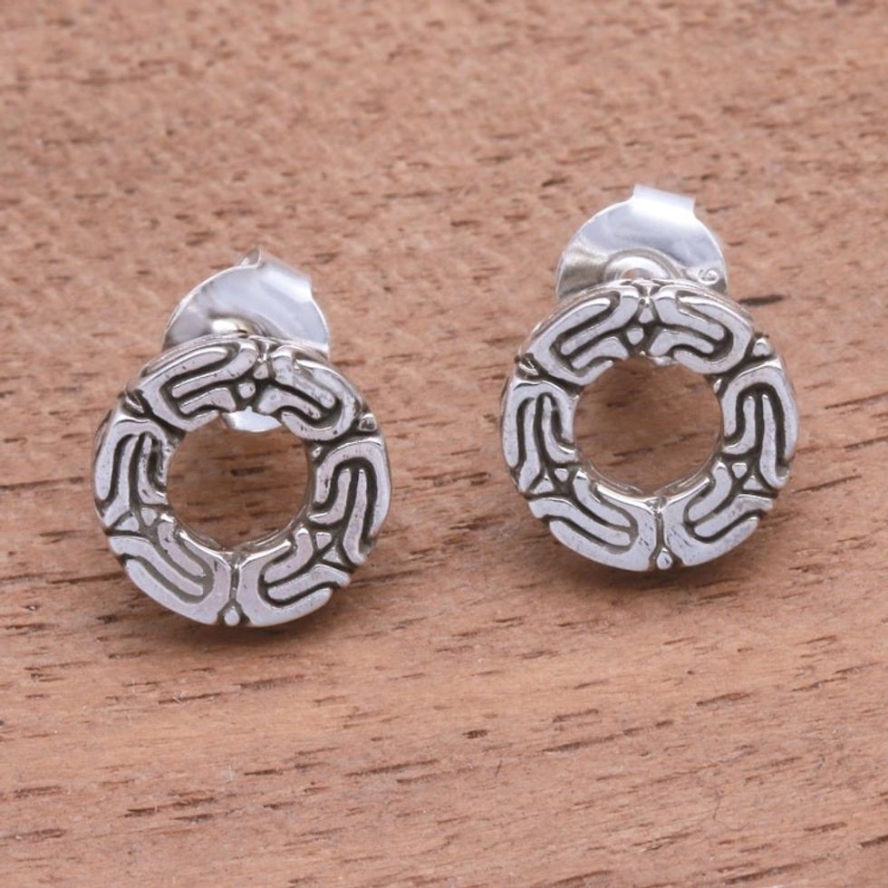 Circular Patterned Sterling Silver Stud Earrings from Bali 'Round Borobudur'