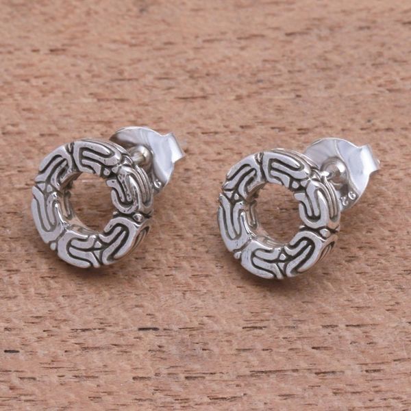 Alternate image for Circular Patterned Sterling Silver Stud Earrings from Bali Round Borobudur