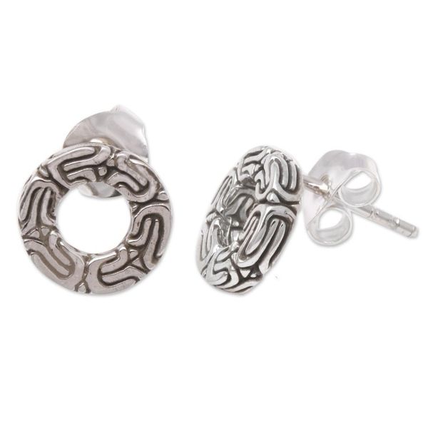 Alternate image for Circular Patterned Sterling Silver Stud Earrings from Bali Round Borobudur