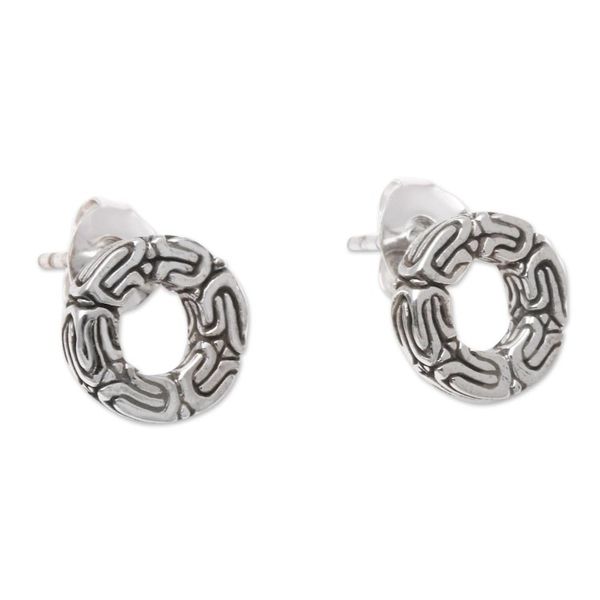 Alternate image for Circular Patterned Sterling Silver Stud Earrings from Bali Round Borobudur