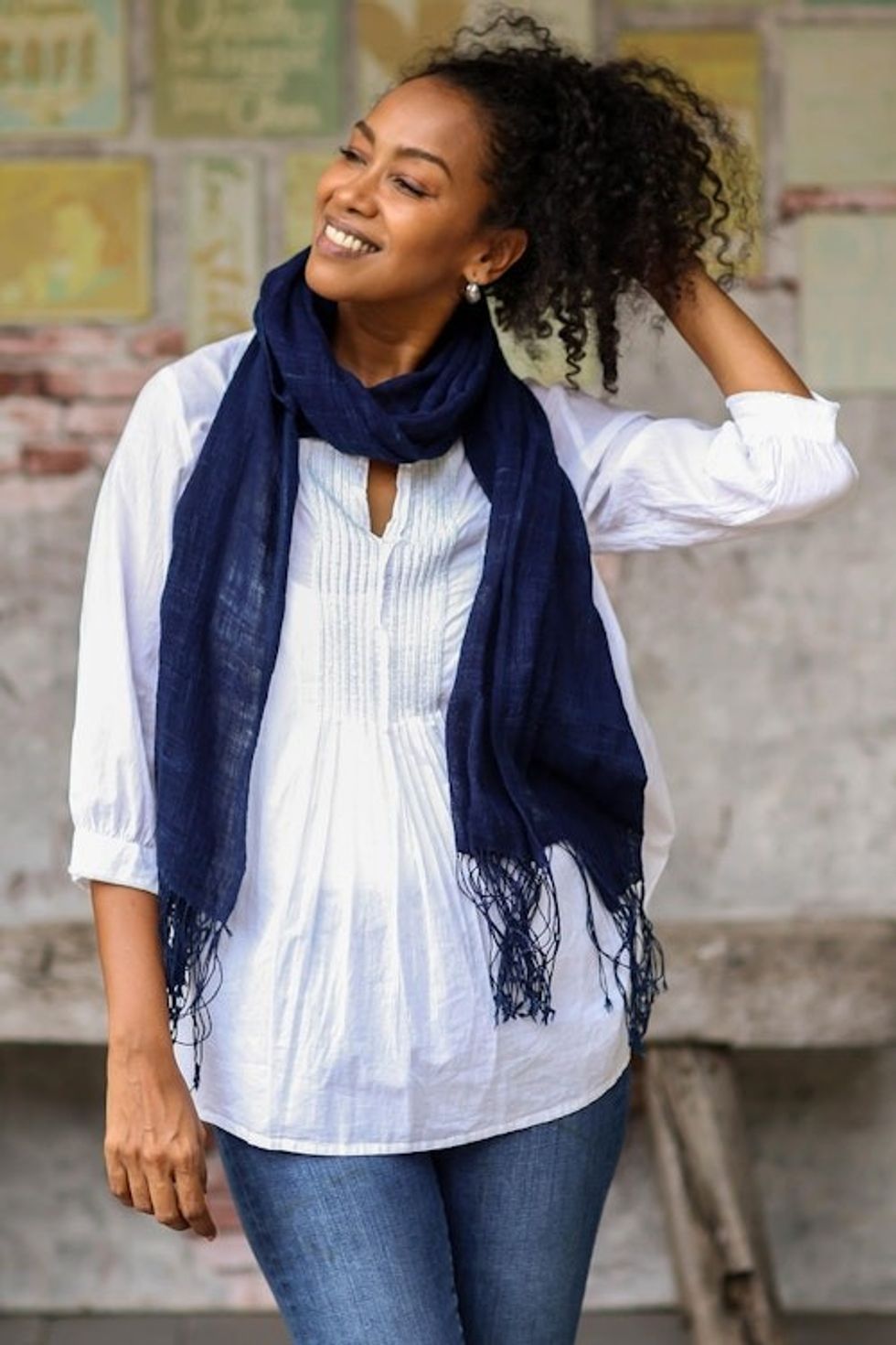Hand Woven All Cotton Shawl in Dark Indigo 'Midnight Indigo'