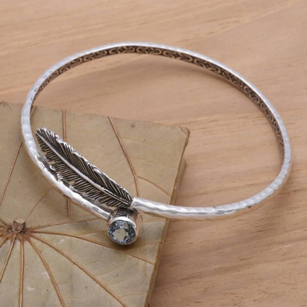 Handcrafted Sterling Silver Bangle Bracelet with Blue Topaz 'Sky Feather'