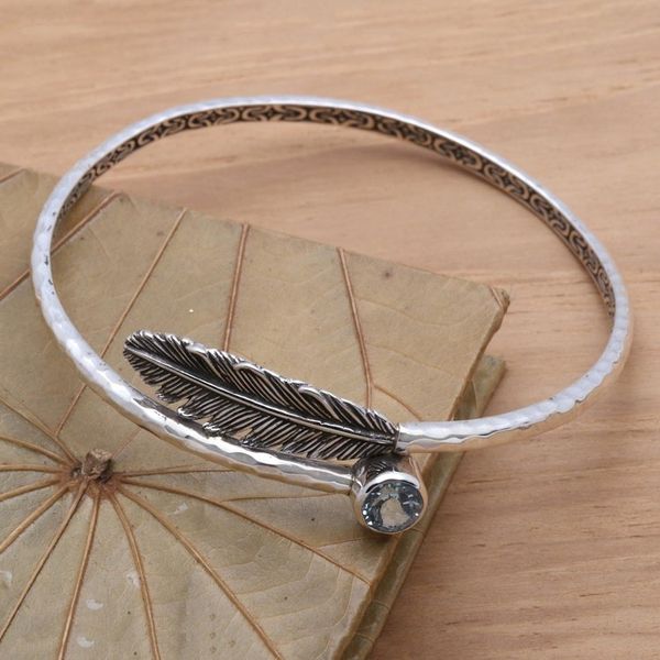 Alternate image for Handcrafted Sterling Silver Bangle Bracelet with Blue Topaz Sky Feather