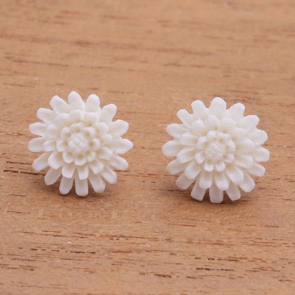 Alternate image for Hand-Carved Bone Lotus Flower Button Earrings from Bali Fantastic Padma