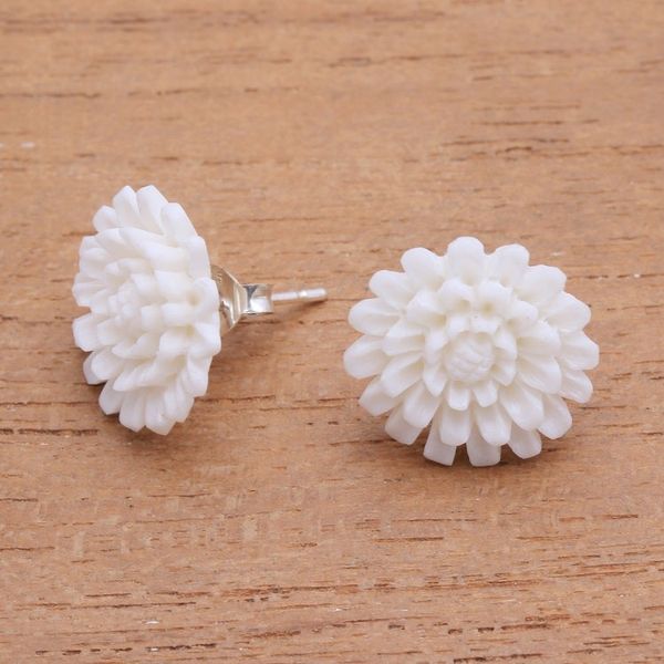 Alternate image for Hand-Carved Bone Lotus Flower Button Earrings from Bali Fantastic Padma