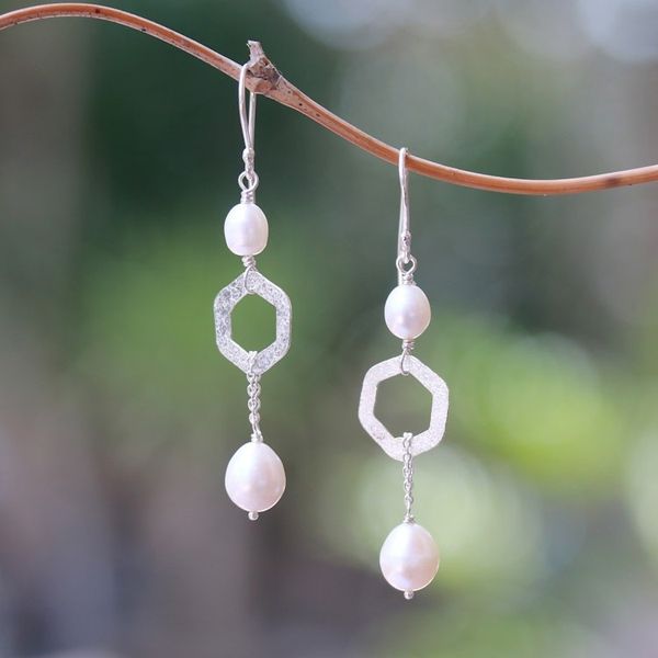 Alternate image for Hexagonal Cultured Pearl Dangle Earrings from Bali Hexagon Glow