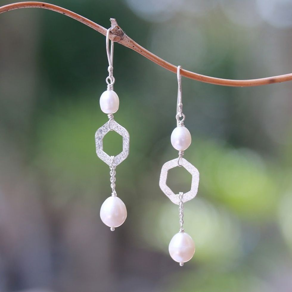 Hexagonal Cultured Pearl Dangle Earrings from Bali 'Hexagon Glow'