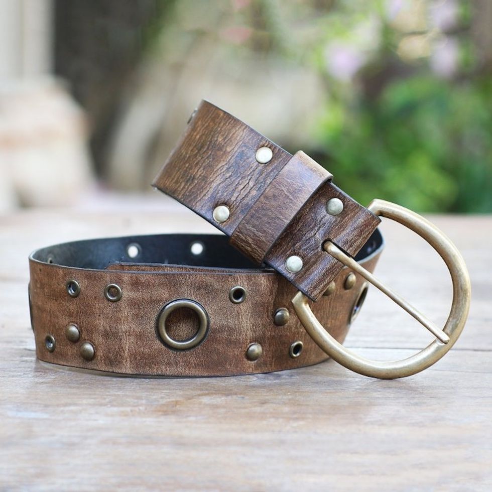 Brown Iron Studded Leather Belt 'Antique Look in Brown'