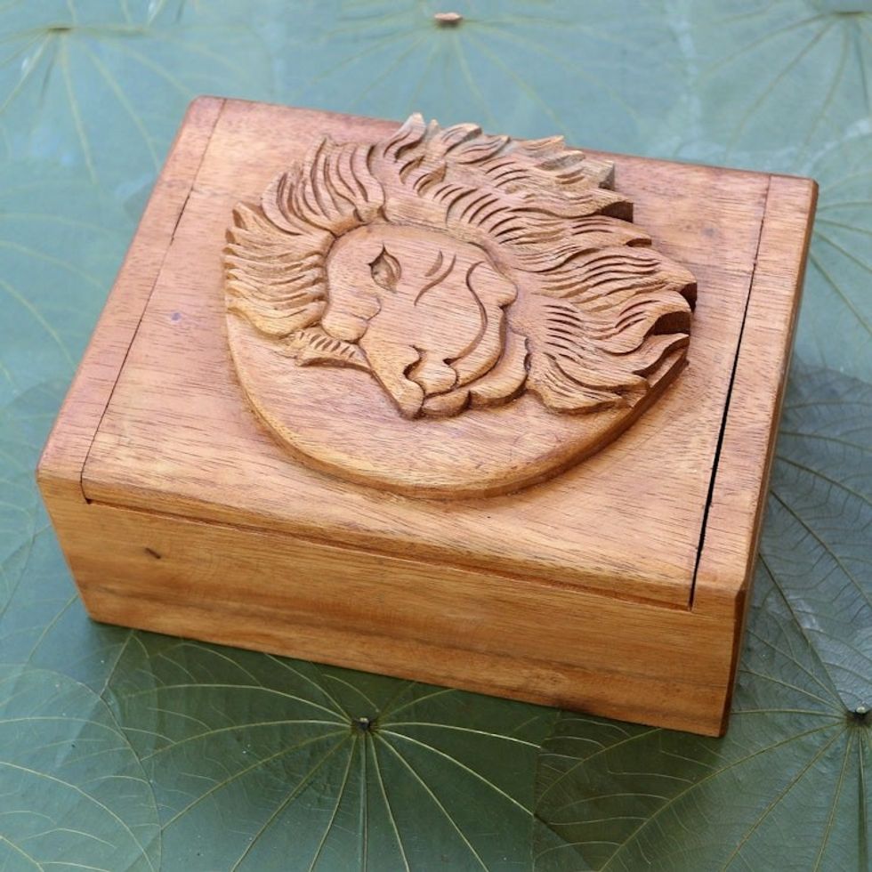 Hand Carved Wood Box with Lion Head Relief 'Lion Prince'