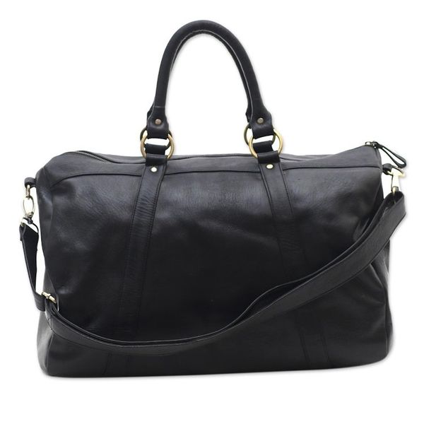 Alternate image for Black Leather Travel Bag with Zipper from Indonesia Minggat in Black