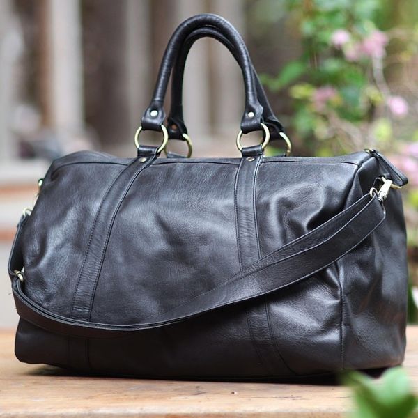 Alternate image for Black Leather Travel Bag with Zipper from Indonesia Minggat in Black