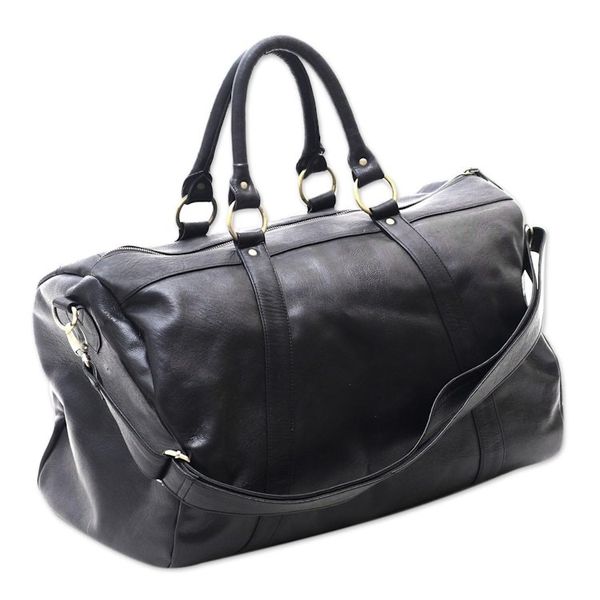 Alternate image for Black Leather Travel Bag with Zipper from Indonesia Minggat in Black
