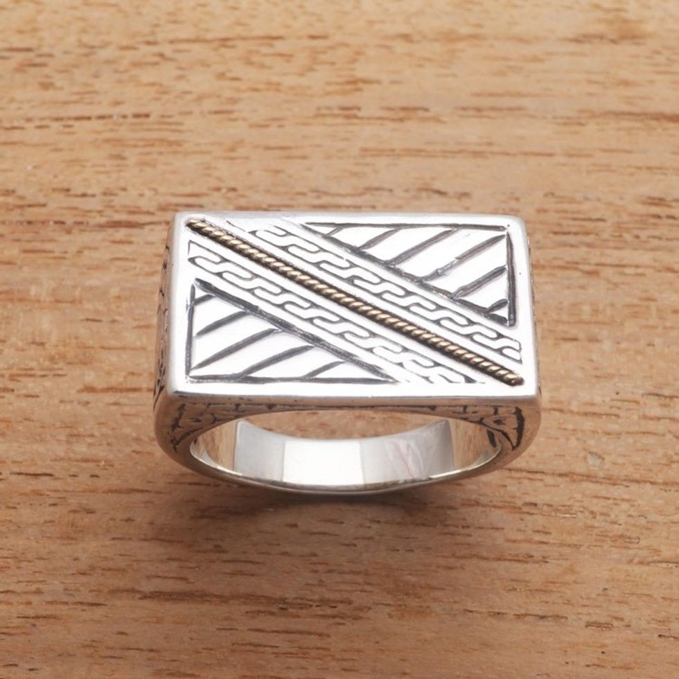 Patterned Gold Accented Sterling Silver Signet Ring 'Divine Bridge'