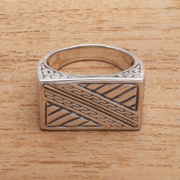 Alternate image for Patterned Gold Accented Sterling Silver Signet Ring Divine Bridge