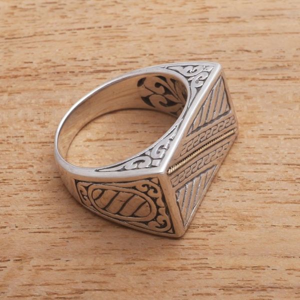 Alternate image for Patterned Gold Accented Sterling Silver Signet Ring Divine Bridge