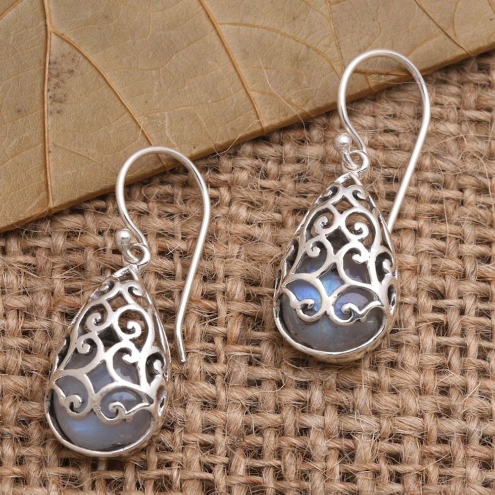 Rainbow Moonstone and Sterling Silver Dangle Earrings 'Captive Rainbow'