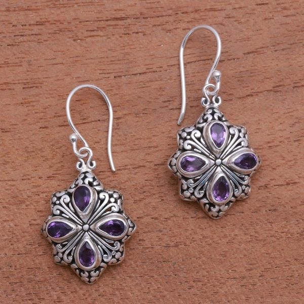 Alternate image for Amethyst and Sterling Silver Flower Motif Dangle Earrings Elegant Petals