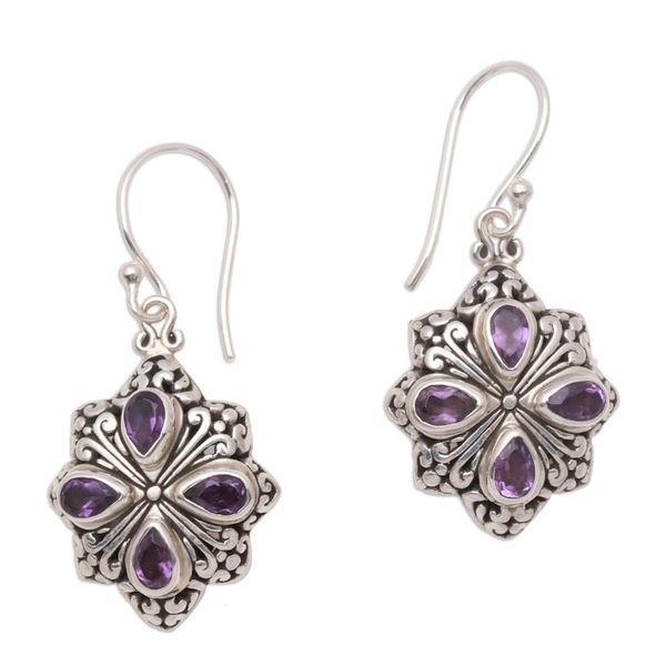 Alternate image for Amethyst and Sterling Silver Flower Motif Dangle Earrings Elegant Petals