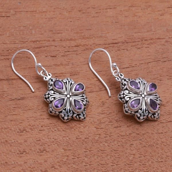 Alternate image for Amethyst and Sterling Silver Flower Motif Dangle Earrings Elegant Petals