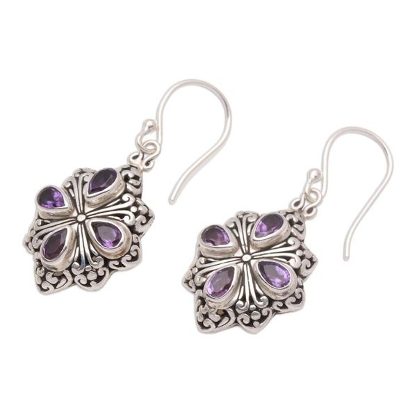 Alternate image for Amethyst and Sterling Silver Flower Motif Dangle Earrings Elegant Petals