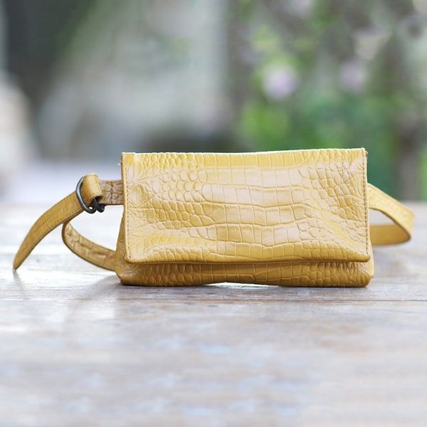 Alternate image for Artisan Made Leather Crocodile Texture Waist Bag Cool Carrier in Ochre Croco