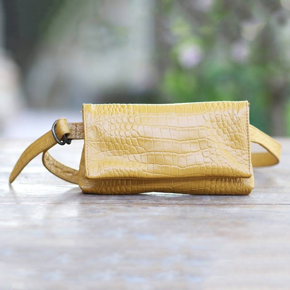 Artisan Made Leather Crocodile Texture Waist Bag 'Cool Carrier in Ochre Croco'