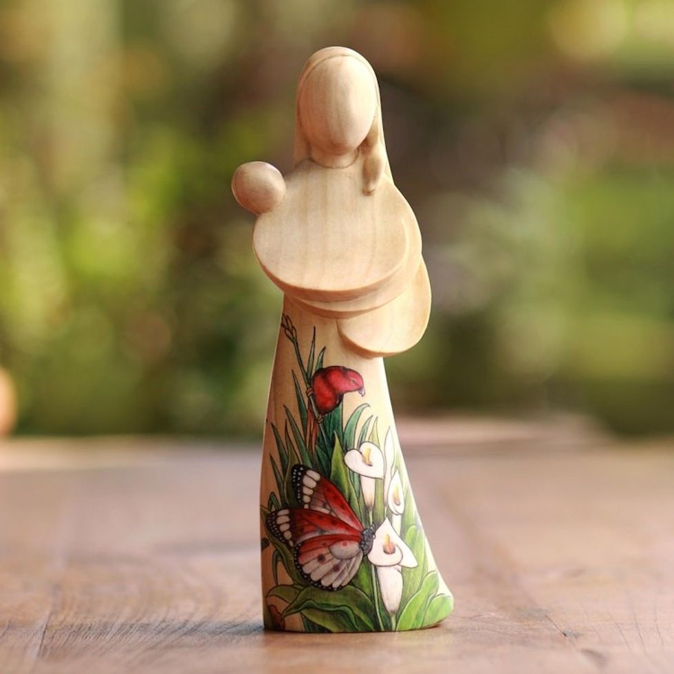Hand-Painted Wood Mother and Child Statuette from Bali 'Mother and Child'