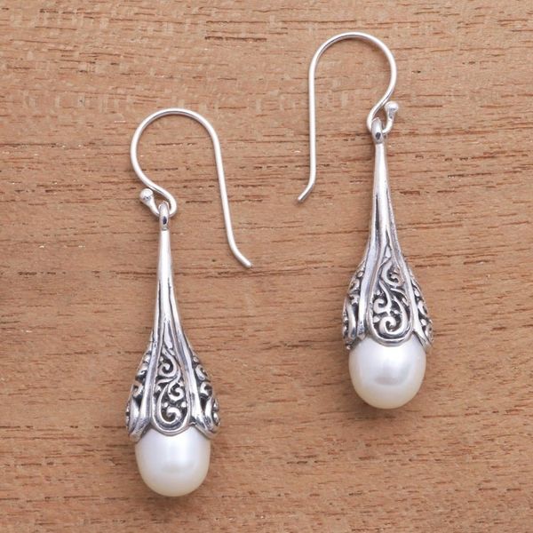 Alternate image for Swirl Pattern Cultured Pearl Dangle Earrings from Bali Mermaid Glow