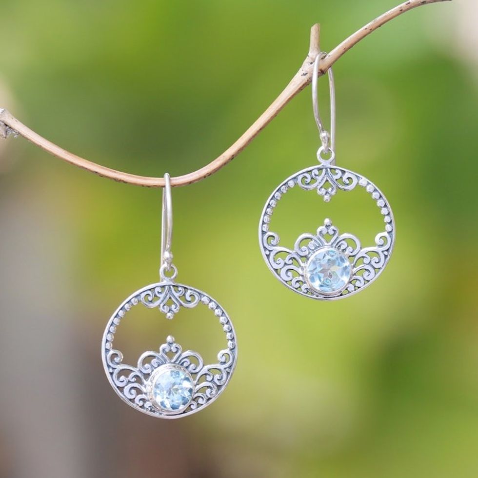 Swirl and Dot Pattern Blue Topaz Dangle Earrings from Bali 'Cool Pattern'