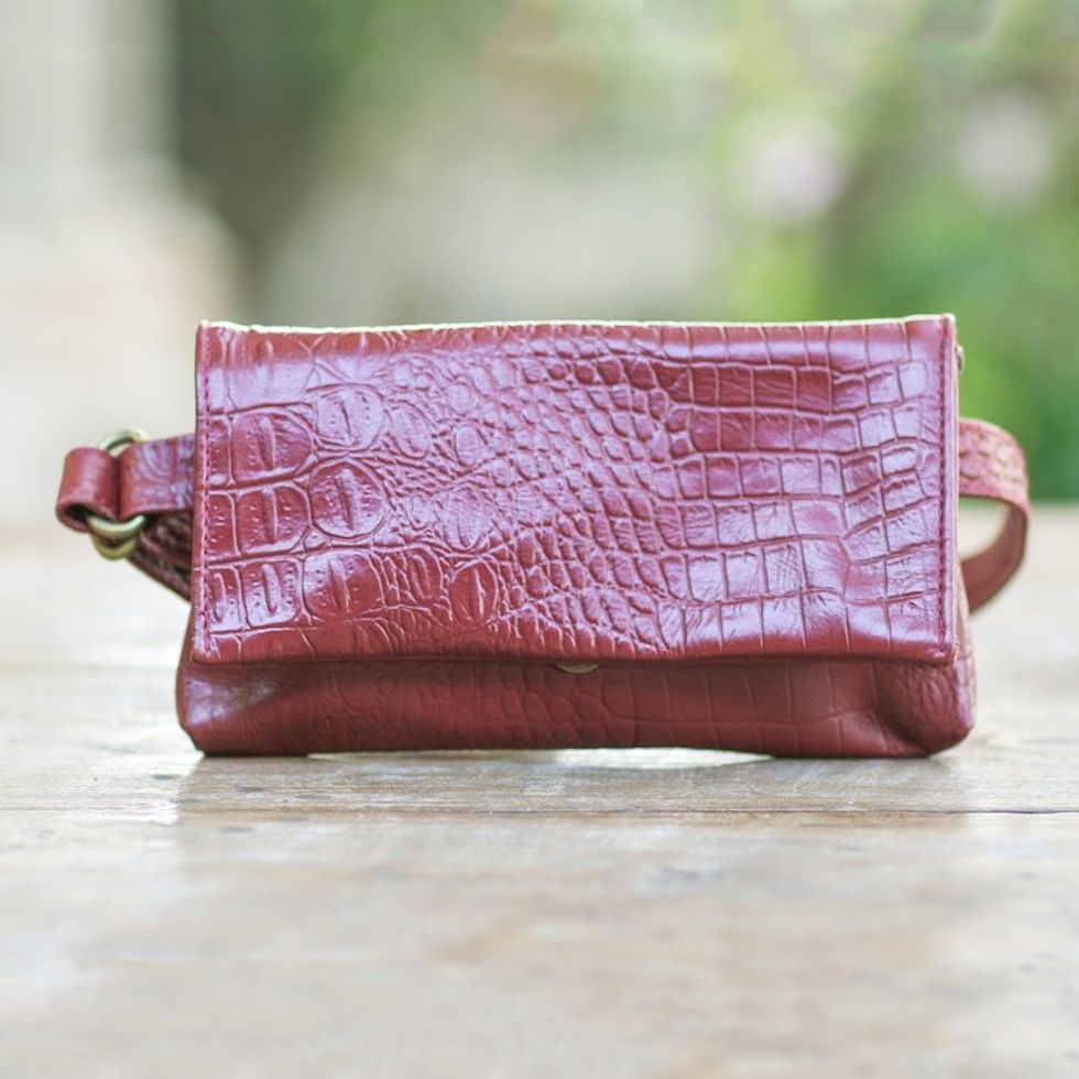 Hand Crafted Leather Crocodile Texture Waist Bag 'Cool Carrier in Red Croco'