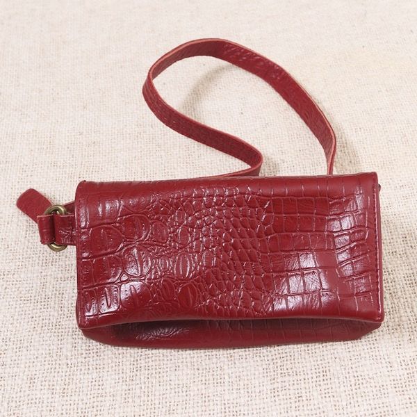 Alternate image for Hand Crafted Leather Crocodile Texture Waist Bag Cool Carrier in Red Croco
