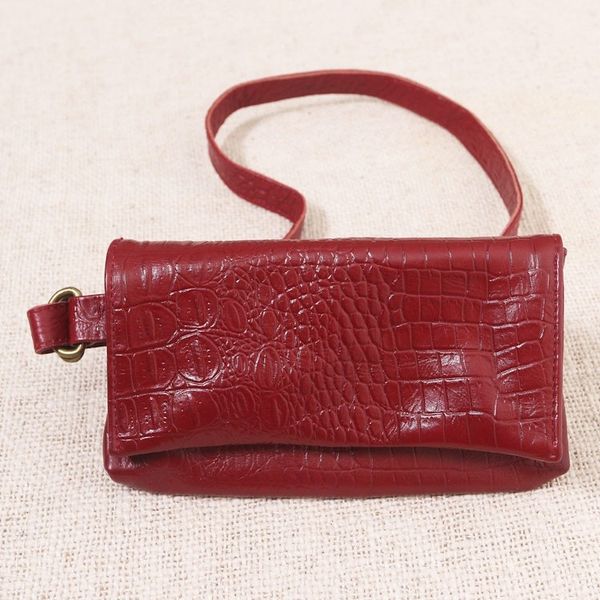 Alternate image for Hand Crafted Leather Crocodile Texture Waist Bag Cool Carrier in Red Croco