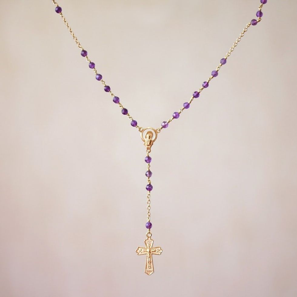 Gold Plated Amethyst Rosary Crafted in Bali 'Cross of Salvation'