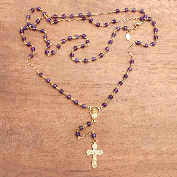 Alternate image for Gold Plated Amethyst Rosary Crafted in Bali Cross of Salvation