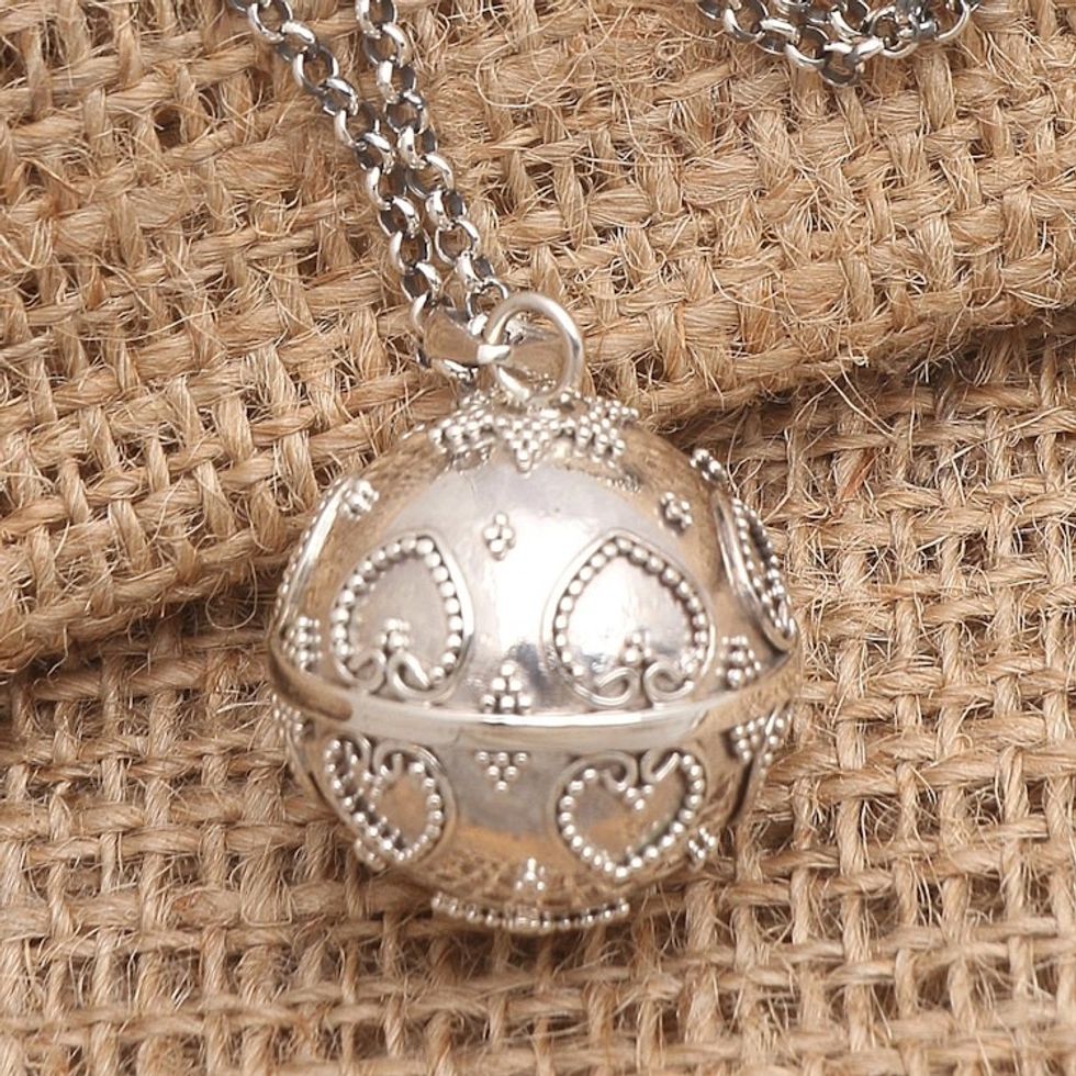 Handmade Heart Theme Sterling Silver Harmony Ball Necklace 'Love Chime'