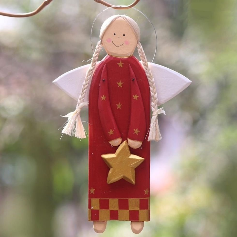 Red Wood Angel with a Star in Holiday Decor from Bali 'Star Angel in Red'