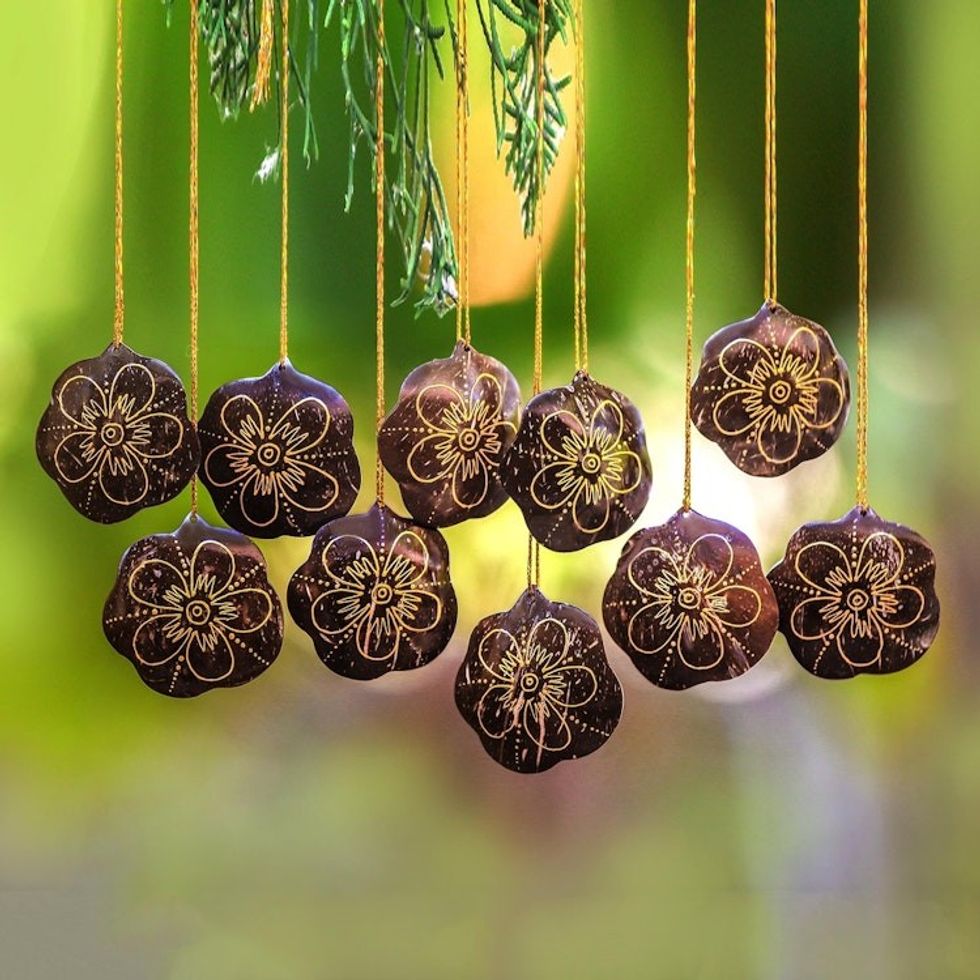 Floral Coconut Shell Ornaments from Bali Set of 10 'Dawn Flowers'